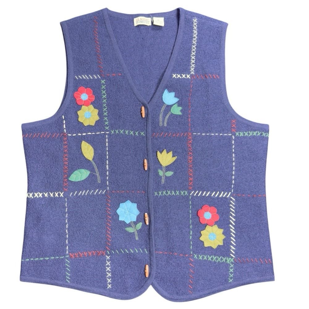 Classic Elements Wool Sweater Vest XL Blue Floral Appliqué Cottagecore - Picture 3 of 9